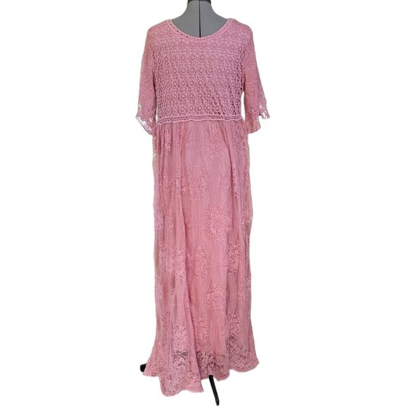 Tea n Rose‎ Crochet Lace Overlay Pink Maxi Dress L Butterfly Sleeves - Picture 9 of 11